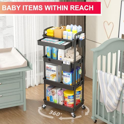 Goovilla 4 Tier Rolling Utility Cart Organizer with Removable Drawer, Black | Stable and Sturdy Rolling Storage Carts with 2 Lockable Wheels for Bathroom, Kitchen, Snack, Craft, Makeup, Baby Essentials - size: 4 Tier, style: Black