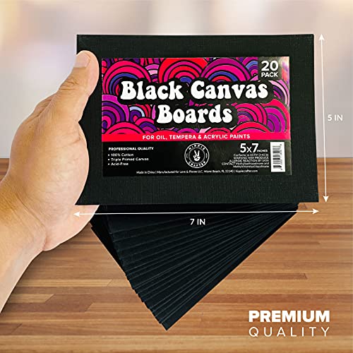 Black Canvas Panels for Painting, 20 Pack, 5x7 Inch Gesso-Primed Boards for Oil, Acrylic & Watercolor, Blank Art Canvas for Artists - size: 5x7