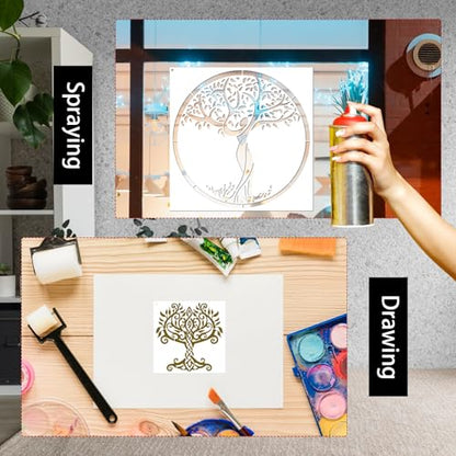 AFRTIEE Tree of Life Stencil Painting - 10 Pieces Large Nature Stencils for Crafts Reusable Wood Burning Drawing, Leaf Butterfly Plastic Painting Template for DIY Home Floor Fireplace Wall Decoration - style: Tree of Life Stencil