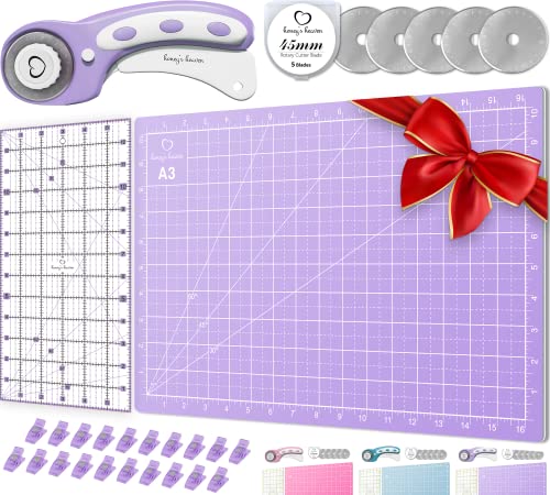 Rotary Cutter Set lavender - Quilting Kit incl. 45mm Fabric Cutter, 5 Replacement Blades, A3 Cutting Mat, Acrylic Ruler and Craft Clips - Ideal for Crafting, Sewing, Patchworking, Crochet & Knitting - color: Lavender, size: A3 (18" x 12")