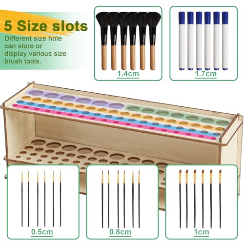 Wooden Paint Brush Holder Artist Brush Holder 67 Hole Paintbrush Holder Desktop Organizer Wood Paint Brush Rack for Pens Pencils and Art Tools