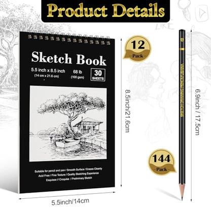 Humyoun 24 Pcs Top Spiral Bound Sketch Pad with Drawing Pencils Set, 5.5 x 8.5 Inch Sketchbook, 68lb(100gsm) Thick Paper, Charcoal & Graphite Pencils (12B-4H) for Shading, Artists & Beginners