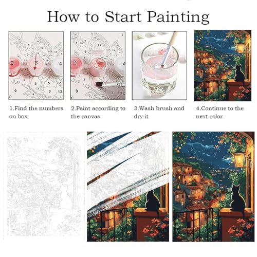 Landscape Paint by Numbers Kit for Adults Beginner,City Scape Cat,16x20" | Full set with wooden brushes,rolled canvas,rich paints.Calming activity.Beginner friendly.Just open and paint. - color: 16"X20"Rolled Canvas(Frameless)-Cat 7