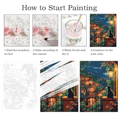 Landscape Paint by Numbers Kit for Adults Beginner,City Scape Cat,16x20" | Full set with wooden brushes,rolled canvas,rich paints.Calming activity.Beginner friendly.Just open and paint. - color: 16"X20"Rolled Canvas(Frameless)-Cat 7