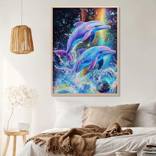 Dolphin Diamond Art Kits for Adults Beginners 12x16 IN, DIY Craft Gift | Dolphins Diamond Painting Kits for Adults, Stress Relief, Home Wall Decor, 5D Full Round Drill Gem Art - color: DP-US06