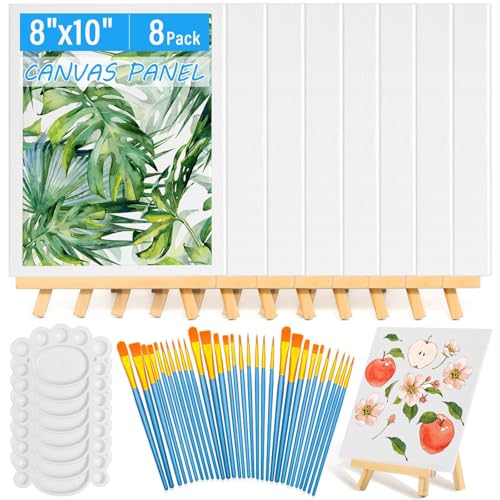 54 Pack Canvas with Easel Set 8 x 10 Inch Canvas Boards with Wooden Easels, Paint Brushes Canvas Panel Painting Kit for Acrylic Oil Watercolor Beginners Art Crafts Sip and Paint Party - color: Canvas and Easel Set