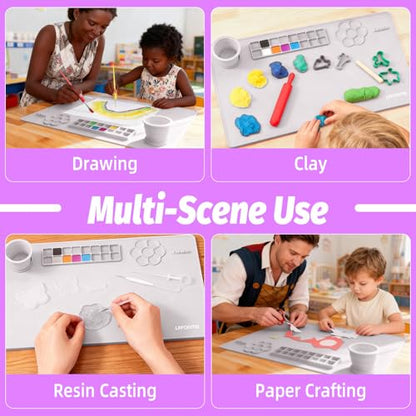 Silicone Painting Mat, 23.6x15.8in Art Craft Mat with Brushes | For watercolor resin clay DIY art use, waterproof table protection painting station with cup palette, 3 brushes, purple - color: Purple