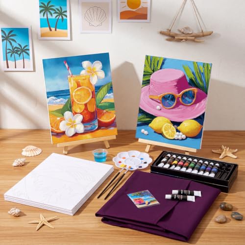 Cholemy 6 Set Paint and Sip Kit for Adults 8"x 10" Pre Drawn Canvas Painting with Wooden Easel Acrylic Paint Wash Cup Brushes Palette Apron for Painting DIY Adult's Date Party Supplies(Hawaii) - style: Hawaii