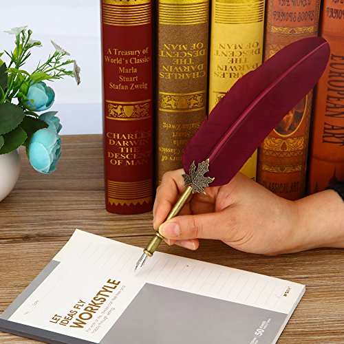 Feather Quill Pen Vintage Feather Dip Pen Set Writing Quill Pen Calligraphy Pen As Christmas Birthday Gift Set (wine red)