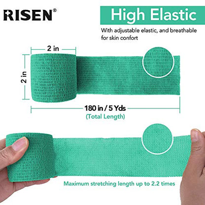 RISEN Cohesive Bandage 2” x 5 Yards, 6 Rolls, Self Adherent Wrap Medical Tape, Adhesive Flexible Breathable First Aid Gauze Ideal for Stretch Athletic - color: Mint Green, size: 6 Count (Pack of 1)