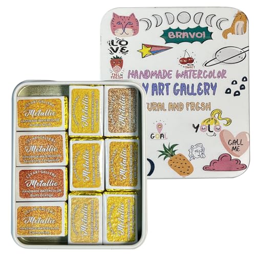 Gold Handmade Mica Watercolor Paint Set in Tin Case Metallic Full Pans Water Color Sparkly, Shimmer, Glitter for Artists in Hand Lettering, Junk Journaling, Painting(Set 1) - color: Set 1