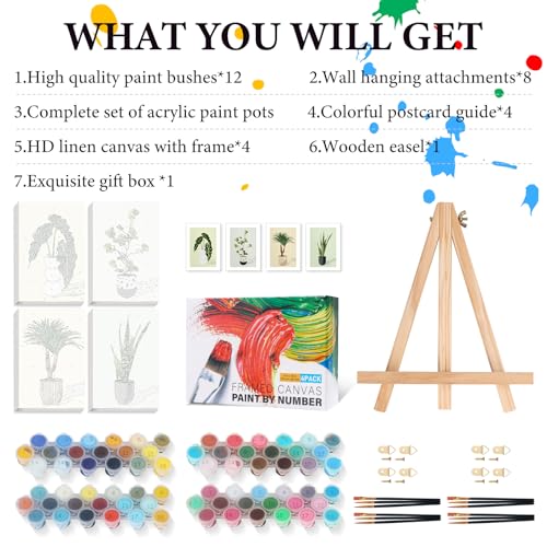 4 Pack Framed Paint by Numbers Kit for Adults Green Plant with Wooden Easel - color: FOP4P-05