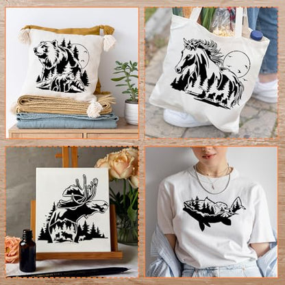 9 Pcs Animal Wood Burning Stencils - Deer, Bear, Horse, Moose, Owl, Fish, Wolf, Fence & Spray Painting Drawing Templates for Wood & Fabric DIY Crafts