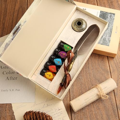 Feather Glass Dip Pen and Ink Set, Glass Calligraphy Pen with 5 Colors Ink and Pen Holder for Writing Drawing– MU-21
