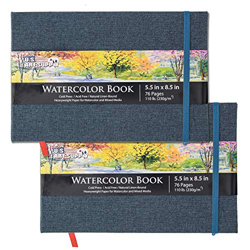 U.S. Art Supply 5.5" x 8.5" Watercolor Book (2 Pack, 76 Sheets Each) | 110lb (230 GSM) Linen-Bound Hardcover Artist Paper Pads - Acid-Free Cold-Pressed Watercolor Paper Pad Mixed Media - size: 5.5-x-8.5-inch