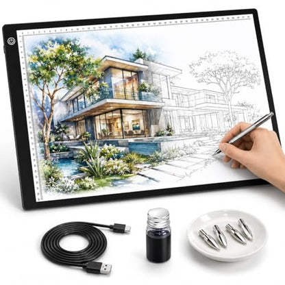A4 LED Tracing Light Box丨Light Pad - Copy Board with Full-Edge Ruler Frame丨3 Adjustable LED, Premium Acrylic for Art, Drawing, Sketch, Animation, Design, Tattoo, Diamond Painting, X-ray Viewing