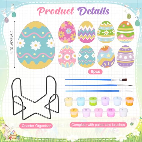 Reallnaive 8 Pcs Easter Eggs Paint by Numbers Kit for Adults Wooden Coaster | Mini Paint by Numbers, Tiny Cute Round Oil Painting Drink Coaster with Holder, for Small DIY Craft Birthday Gift - style: Easter Egg
