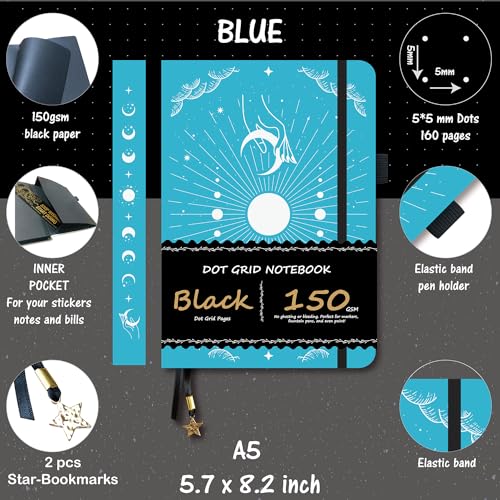 BUKE Dotted Journal - 150gsm Black Paper - 5 * 5mm DOT GRID Layout 160 Pages - A5 Size PU Leather Hardcover Drawing Sketch Notebook (Blue) - color: Blue