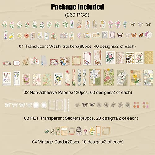 Esweny 260PCS Vintage Journaling Scrapbooking Supplies Scrapbook Sticker Paper Ephemera Pack for Junk Journal Planners Collage Craft Notebooks Album (Flowers and Butterflies) - color: Flowers and Butterflies
