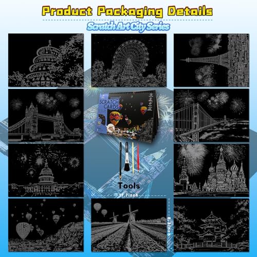 DESINIK Scratch Art Book for Adults-Rainbow Scratch Painting Art Kit DIY Craft Kit with 1 Rainbow Scratch Art Book and 4 Tools,Impression City Series - color: Impression City Series