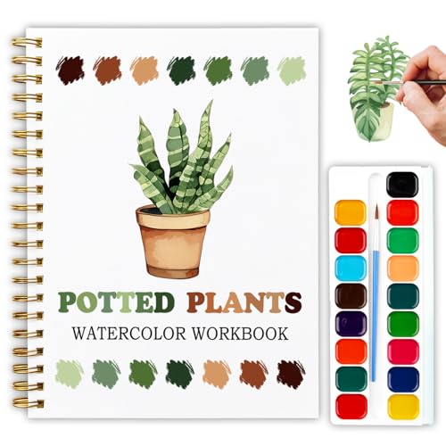 Potted Plants Favorites Watercolor Workbook, Water Coloring Book, 12 Patterns, Watercolor Kit for Beginners, Plant Lovers Gift - color: Green-Potted Plants