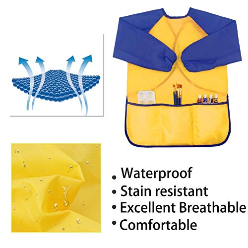 Zkptops 2 Pack Kids Art Smock Colorful Waterproof Children Art Aprons Artist Painting Aprons with Long Sleeve 3 Roomy Pockets for Age 3-7 Years,Yellow and Blue - color: 2 Pack Blue/Yellow