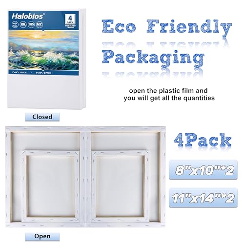 Halobios 4 Packs Blank Canvases for Painting with 8x10in,11x14in(2 of Each), Stretched Canvases for Acrylics, Oils & Other Painting Media, 100% Cotton, 5/8 Inch Profile of Super Value Canvas Pack - size: 4 Pack Mixed - 11×14IN 8×10IN