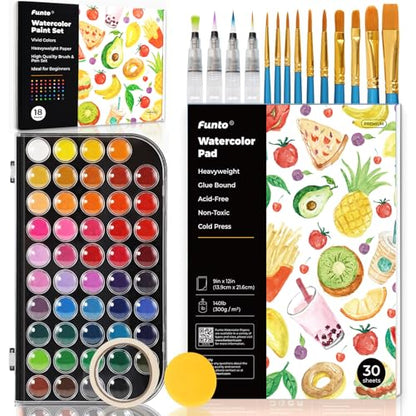 Funto Watercolor Set, 48 Color Paint Set, 10 Brushes, 30 Page Pad(9"x12"), 4 Refillable Pens & More, Painting Kit for Kids, Adults, Beginners - style: 48 Kids Set