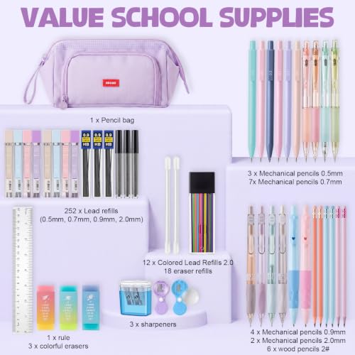 Eersida 47 Pcs Aesthetic School Supplies with Cute Pen Case, Mechanical Pencils 0.5mm, 0.7mm, 0.9mm & 2.0mm with Leads and Eraser Refills, Wood Pencils #2, for Writing, Drawing & Drafting(Purple) - color: Purple