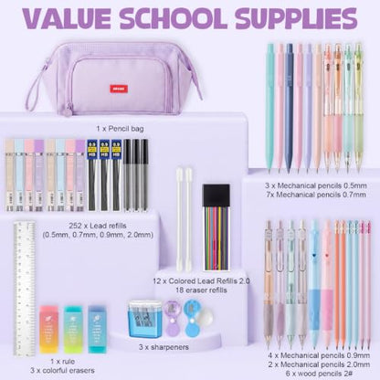 Eersida 47 Pcs Aesthetic School Supplies with Cute Pen Case, Mechanical Pencils 0.5mm, 0.7mm, 0.9mm & 2.0mm with Leads and Eraser Refills, Wood Pencils #2, for Writing, Drawing & Drafting(Purple) - color: Purple