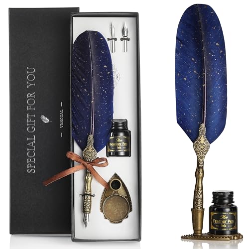 VANGOAL Vintage Carving Feather Pen Set, Glittering Quill Set Antique Calligraphy Writing Dip with Ink, 2 Replacement Nibs, Stand Base, Luxury Signature (Blue) - color: Blue