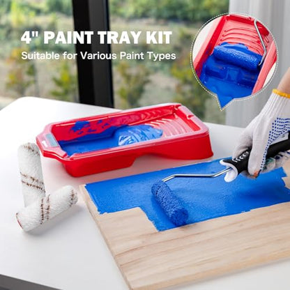 Mister Rui 4 Inch Mini Paint Roller Kit 12-Pc with Tray, Liners & Brush | Microfiber Sleeves for Smooth Finish. Ideal for Walls, Cabinets, Trim, Furniture and DIY Projects