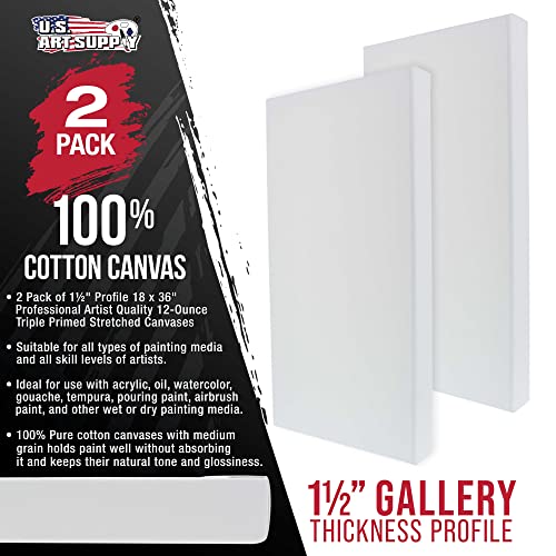 U.S. Art Supply Large Stretched Canvas for Painting 18x36 inch Gallery Depth 1-1/2" Thick, 2-Pack - 12oz Acrylic Gesso Triple Primed, Professional Artist Quality, 100% Cotton - Oil, Pouring Paint - size: 18" x 36"