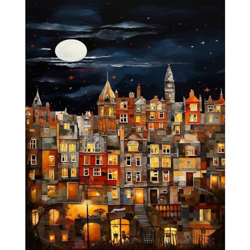 PRASIO Paint by Numbers Kit for Adults Beginner, Moonlight House Adult Paint by Number Kits, DIY Acrylic Paint by Numbers Kit for Adults Canvas for Home Decor Gift 16x20 Inch - color: XM-OP-MoonHouse-4050-2