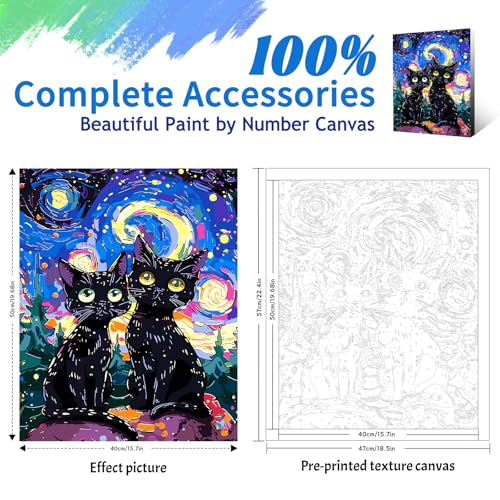 FILASLFT Paint by Numbers for Adults Beginner Two Black Cats,Starry Night Acrylic Digital Oil Painting Canvas Kits with Paintbrushes,Easy Number Painting for Adults for Home Wall Art Decor(16x20inch) - color: B-002-Starry Night Cat