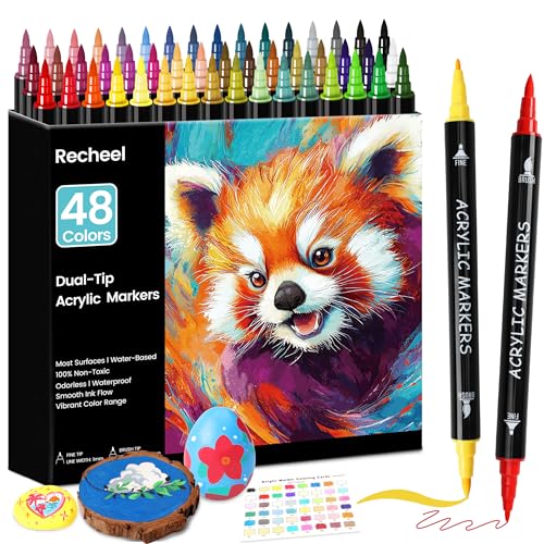 Recheel Acrylic Paint Markers, 48 Colors Dual Tip Fine & Brush Pens for Art | For Rock, Wood, Canvas, Glass, Ceramic & More, Perfect for Multi-Surface DIY Crafts and Creative Art Projects - style: 48 Colors