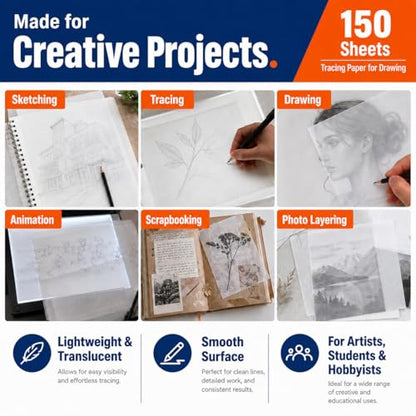 PSLER 150PCS Transfer Tracing Paper - Translucent Trace Paper for Drawing | Use with Tracing Paper, Transparent Paper for Pencil, Ink, Markers, Artist Lettering, Sketching, Sewing Patterns, A4