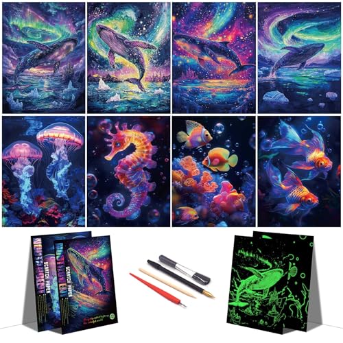 DESINIK Rainbow Scratch Painting Art for Adults & Teens –Glow in The Dark Scratch Rainbow Art Paper, Creative Scratch Painting Kit, Stress Relief for Scratch Art Home/Office Décor (Whale&Jellyfish) - color: Whale&Jellyfish