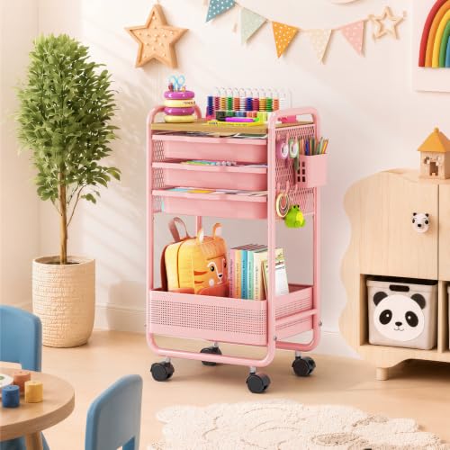 KINGRACK 3 Tier Rolling Cart with Drawer, Metal Utility Storage Cart, Pink | 3 Drawers, Pegboard & Wood Tabletop, Lockable Wheels, 4 Hooks & 1 Bin, for Living Room,Bedroom,Craft Room,Office,Kids Room - color: Pink