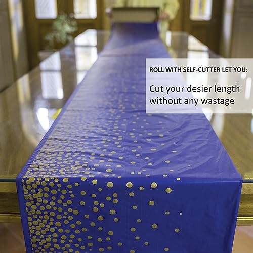 Neatiffy Disposable Plastic Table Cloth Roll with Slide Cutter | Waterproof Cover for Rectangle, Square, Oval Tables | Picnic, Party, Banquet, Birthdays, Weddings - Blue with Gold Dots - color: Blue Gold Dots, size: 54 inches X 100 feet