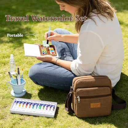 Mini Watercolor Paint Set Travel, All-in-One Portable Pocket Painting Kit with Wooden Palette,Colours,Sketchbook, Brush&Water Cup,Clip,Complete Artist Supplies for Beginners, Adults, Outdoor Painting