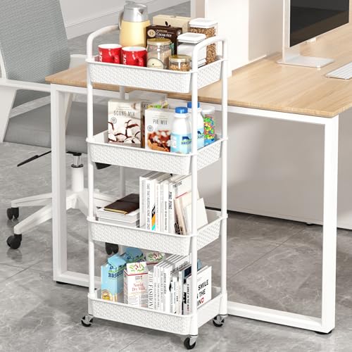 MOYIPIN 4-Tier Plastic Rolling Utility Cart with Handle,White | Utility Storage Cart for Office, Living Room, Kitchen,Movable Storage Organizer，Easy installation，Rattan-like art design - color: White, size: 4-Tiers without cups