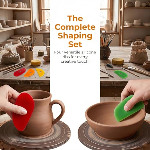 OKKRMGZ 4Pcs Pottery Ribs for Clay Sculpting Soft Rubber Rib Tools for Ceramics and Handbuilding Multi-Style Silicone Ceramic Ribs for Shaping Wheel Work Mudtools and DIY Pottery Supplies