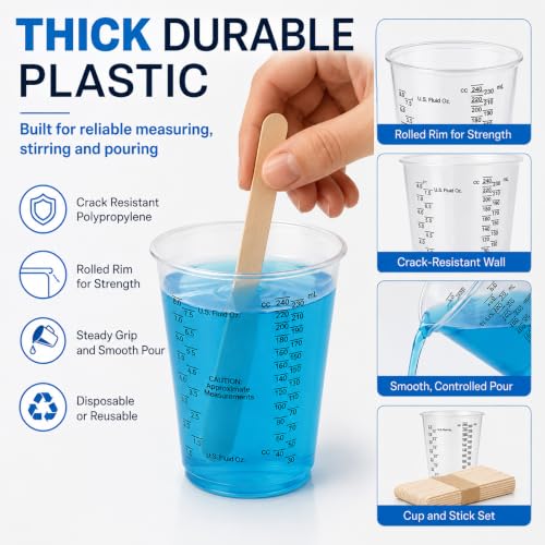 Plastic Measuring Cups with Mixing Sticks, 8 oz Clear Cup, 50 Pack | Disposable measuring cups with sticks, DIY mixing accurate oz ml cc scales for resin paint baking