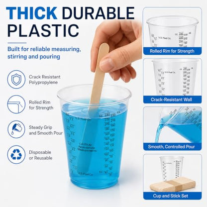 Plastic Measuring Cups with Mixing Sticks, 8 oz Clear Cup, 50 Pack | Disposable measuring cups with sticks, DIY mixing accurate oz ml cc scales for resin paint baking