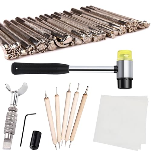 Leather Stamping Tools Kit,Leather Different Shape Saddle Making Stamp Punch Set,Leather Carving Tools Kit with Leather Working Hammer, Swivel Knife,Tracing Paper and Tracing Pen