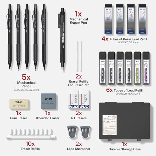 WUO Mechanical Pencil Set, 5 Pack Drafting Pencils 0.3/0.5/0.7/0.9/2.0mm | Mechanical drawing pencils, 312 lead refills, erasers/sharpeners for drafting, technical drawing, sketching, writing & art - color: Black, size: 0.3/0.5/0.7/0.9/2.0