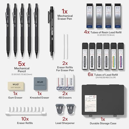 WUO Mechanical Pencil Set, 5 Pack Drafting Pencils 0.3/0.5/0.7/0.9/2.0mm | Mechanical drawing pencils, 312 lead refills, erasers/sharpeners for drafting, technical drawing, sketching, writing & art - color: Black, size: 0.3/0.5/0.7/0.9/2.0