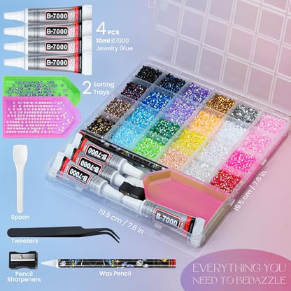 30000 Pcs Resin Jelly Rhinestones Kit, Multicolor 4mm Flatback Rhinestones with 4 Pcs B7000 Jewelry Glue & Tools, All-in-One Bedazzling Kit for DIY Arts & Crafts Gifts - color: 24 Colors 4mm