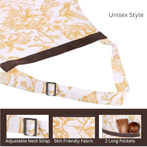 FINGERCRAFT Apron, Dual Pocket, Adjustable Tie, Multipurpose Washable Bib Apron for Home, Kitchen, Chef and Professionals - color: Bloom Gold Ochre